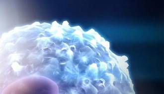 A close-up of a part of a cell in the bottom left corner with a visible part of nucleus