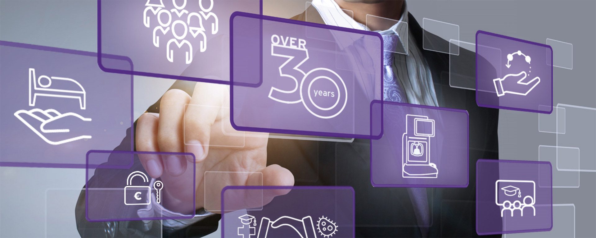 Person in a suit pointing at app icons